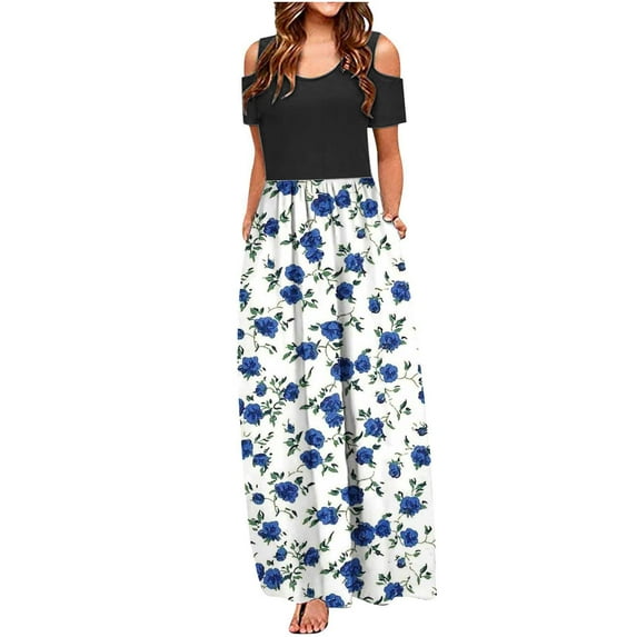 Aueoeo Cocktail Dresses for Women Evening Party, Women's Off The Shoulder Dress Casual Summer Dress Print Crewneck Short Sleeve Flowy Long Dress Beach Sundress