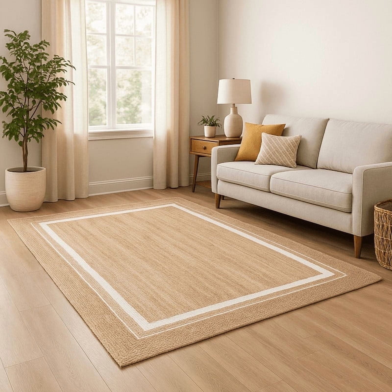 Tana Natural Braided Jute Rug with White Border – Handwoven 100% Natural Jute, Durable & Soft Carpet for Living Room, Bedroom, or Dining Area – 10' x 14'