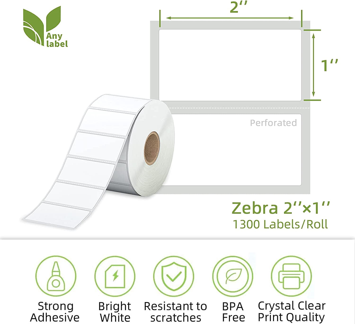 2" x 1" Direct Thermal Label, Paper for Barcodes Postage Address Perforated & Compatible with , Zebra, , Printers(12 Rolls, 1300 Labels/Roll)