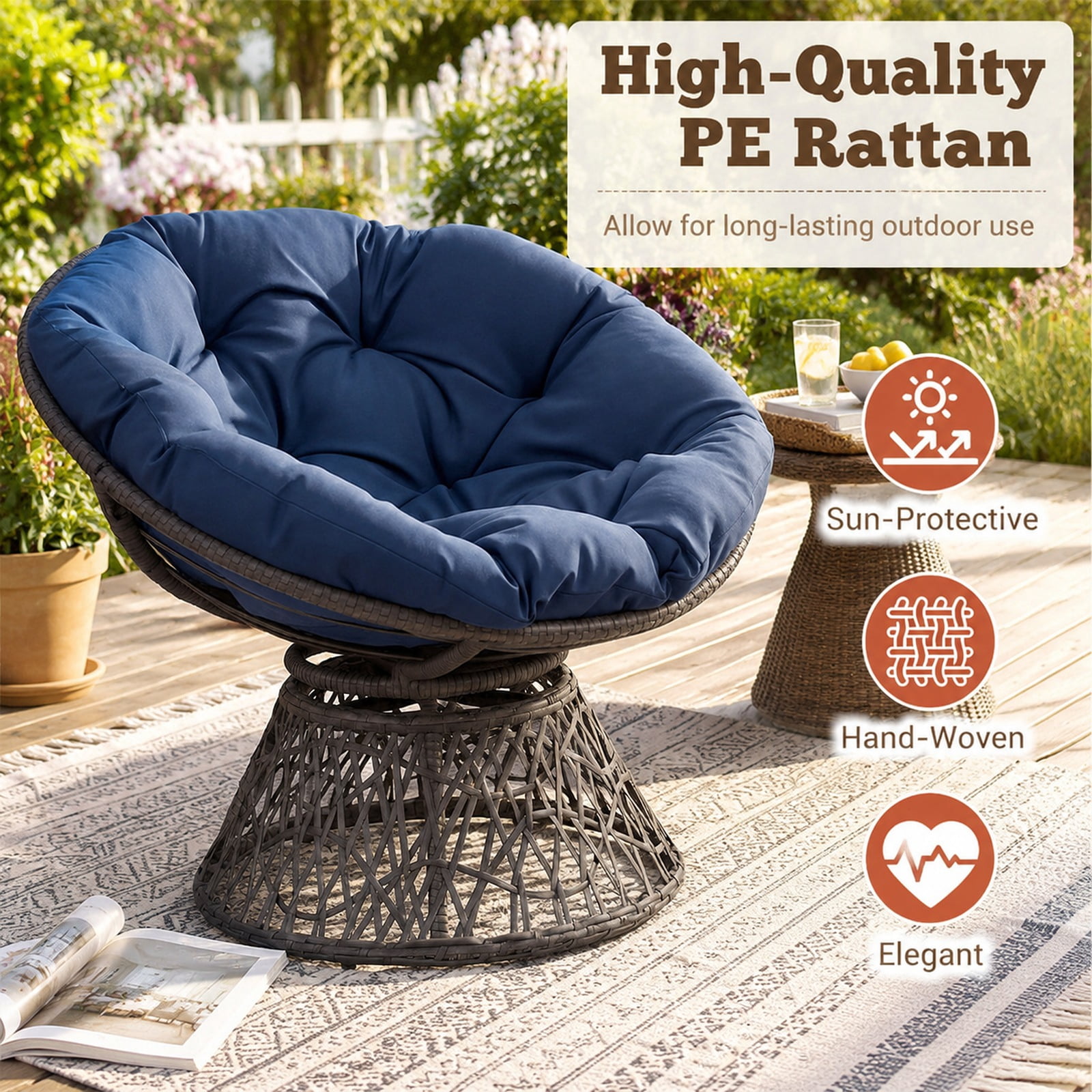 Furnibear Swivel Papasan Chair with Round Wicker Bowl Seat and Thick Soft Cotton Cushion for Living Room Bedroom and Patio, Navy
