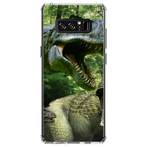 DistinctInk Clear Shockproof Hybrid Case for Samsung Galaxy Note 8 - TPU Bumper, Acrylic Back, Tempered Glass Screen Protector - T-Rex Dinosaurs Raptor