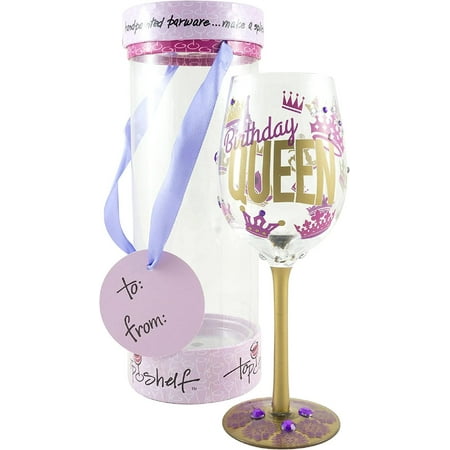 

“Birthday Queen” Decorative Wine Glass ; Funny Gifts for Women ; Hand Painted Purple and Gold Design ; Unique Red or White Wine Glasses
