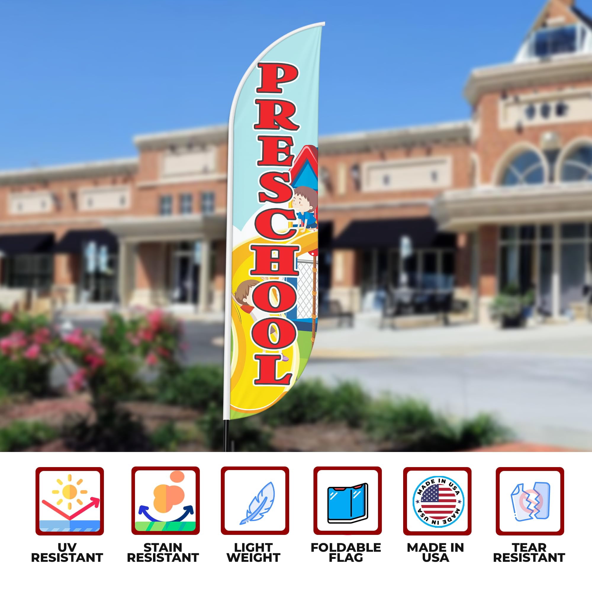 Preschool Sign feather flag Pole Mount for Outdoor by Mavis Print | 15 FEET Long Outdoor Banner Flag Mount for Easy Hang | HD Print Swooper Flag Stand forPreschool Advertising | Made in USA