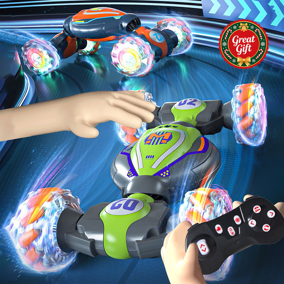 Dual Control Gesture Sensing RC Stunt Car with LED Light Up Wheels, 360° Rotating Drift All Terrain Vehicle, Rechargeable Indoor Outdoor Toy, Christmas Birthday Gift for Kids Boys Girls Ages 6