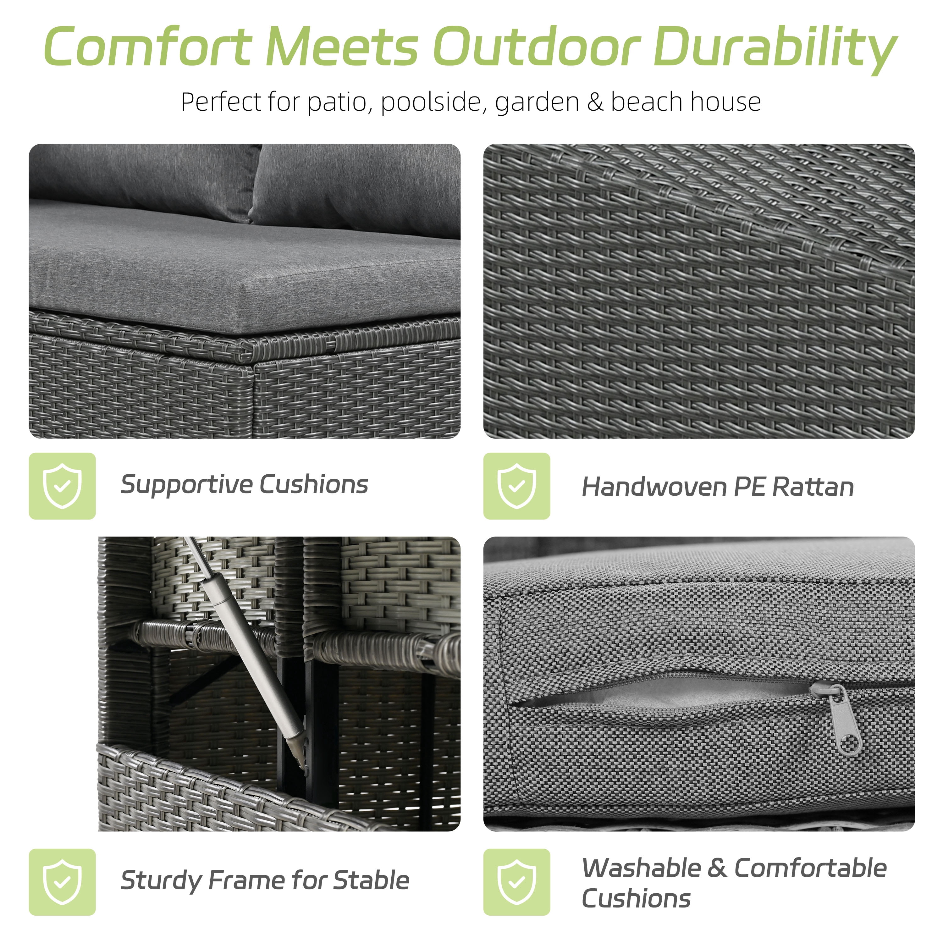 5 Pieces Patio Furniture Set, Outdoor All Weather Sectional Wicker Conversation Set with 2 Extendable Side Tables & Table, Gray