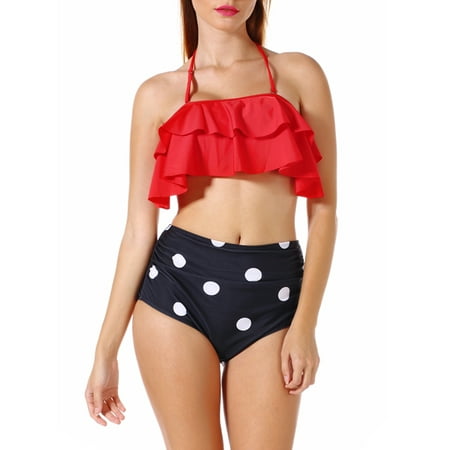 SAYFUT Women Plus Size Two Piece Swimsuit High Waist Slimming Bikini Set Halter Bandage Push-Up Swimwear Bathing Suit Swimsuit Red/Yellow/Navy