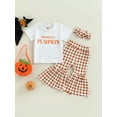 thumbnail image 2 of Bagilaanoe 3Pcs Toddler Baby Girls Long Pants Set Letters Print Short Sleeve T-shirt Tops + Plaid Flare Trousers + Headband 6M 12M 18M 24M 3T 4T Kids Casual Outfits, 2 of 8