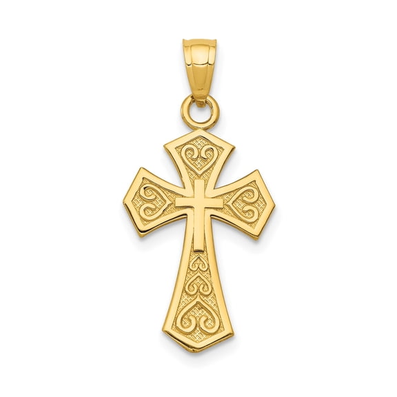 14k Yellow Gold Reversible Faith Cross Pendant Necklace for Men and Women with Scrollwork Design Polished Texture Religious Jewelry Symbolic Accessory for Everyday Wear