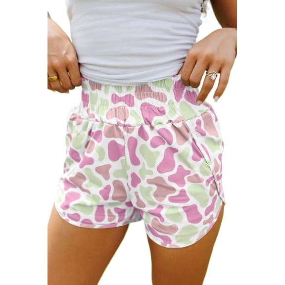 Women's Camouflage Athleisure Shorts – High Waist Shirred Casual Summer Shorts, XL