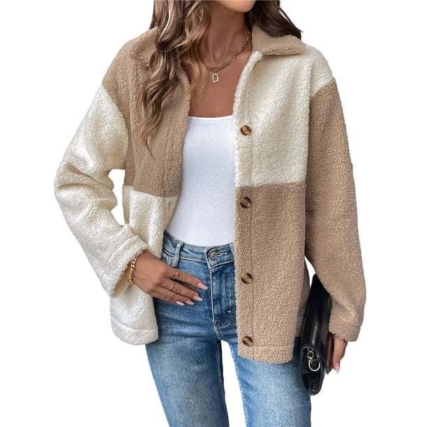 Chaqueta Informal de Color Block para Mujer, con Solapa Abotonada y Larga, de . Marrón XL
