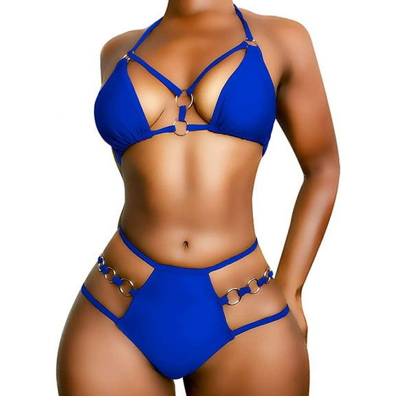 EJsoyo Womens Sexy Thong Bikini Swimsuits String Push up Padded Bathing Suit 2 Piece Cheeky Swimwear with Metal Ring (Small, Blue)