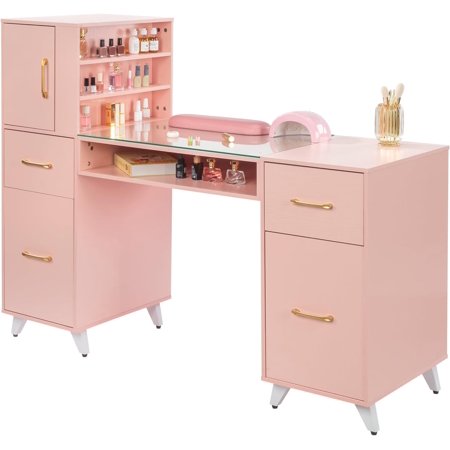 Karl home Manicure Table Nail Desk with Glass Top and Wrist Rest Nail Station or Nail Tech Beauty Salon Nail Supplies Decor Workstation with Storage Drawers & Adjustable Cabinet Pink