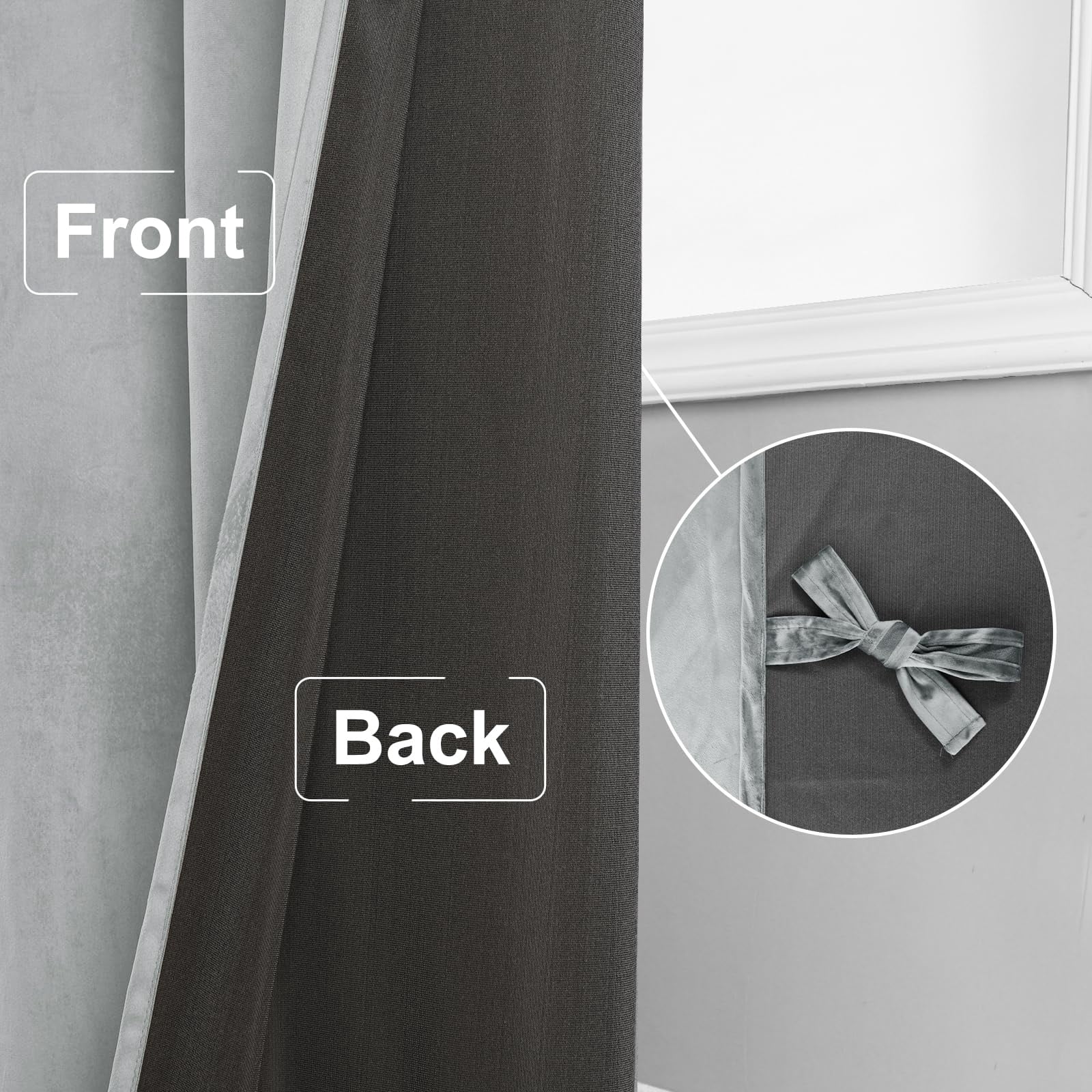JIUZHEN Velvet Blackout Curtains for Bedroom - 63 inches Thermal Insulated Room Darkening Rod Pocket Drapes for Office/Party, Set of 2 Panels with Tiebacks, 52W x 63L, Silver Grey
