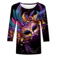 thumbnail image 5 of Penkiiy 2024 Shirt 3/4 Sleeve Mardi Gras Womens Fancy Blouse Carnival Mask Print Tunic Theme Party Round Collar Tee S Purple, 5 of 5