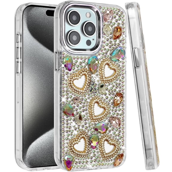 Phone Case for Apple iPhone 15 Pro Max Luxury Crystal Heart Rhinestone Diamond Bling Shockproof Hybrid Glitter Protective Stylish Durable Grip Cover MultiColor