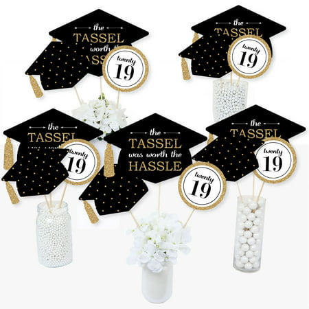Gold - Tassel Worth The Hassle - 2019 Graduation Party Centerpiece Sticks - Table Toppers - Set of 15
