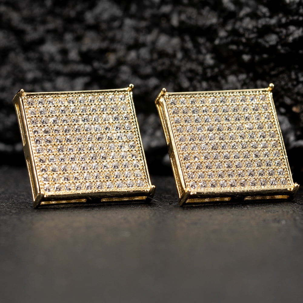 Men's Large Square Flat Screen Hip Hop Big Yellow Gold 925 Sterling Silver Screw Back Stud Earrings