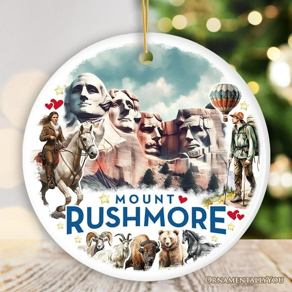Artistic Watercolor Mount Rushmore Historical Ceramic Ornament, South Dakota Christmas Gift
