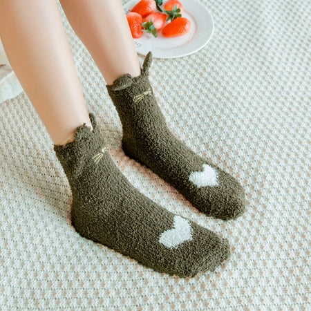 

Womens Cartoon Embroidery Cat Fuzzy Socks Cozy Winter Home Slipper Warm Thick Fleece Soft