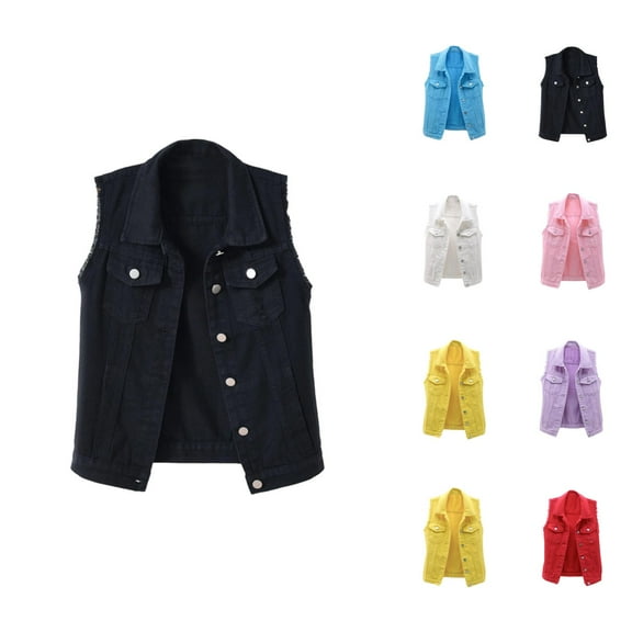 Frayed Denim Vest Jacket for Women Sleeveless Open Front Button Down Lapel Collar Slim Fit Jean Vest Outerwear