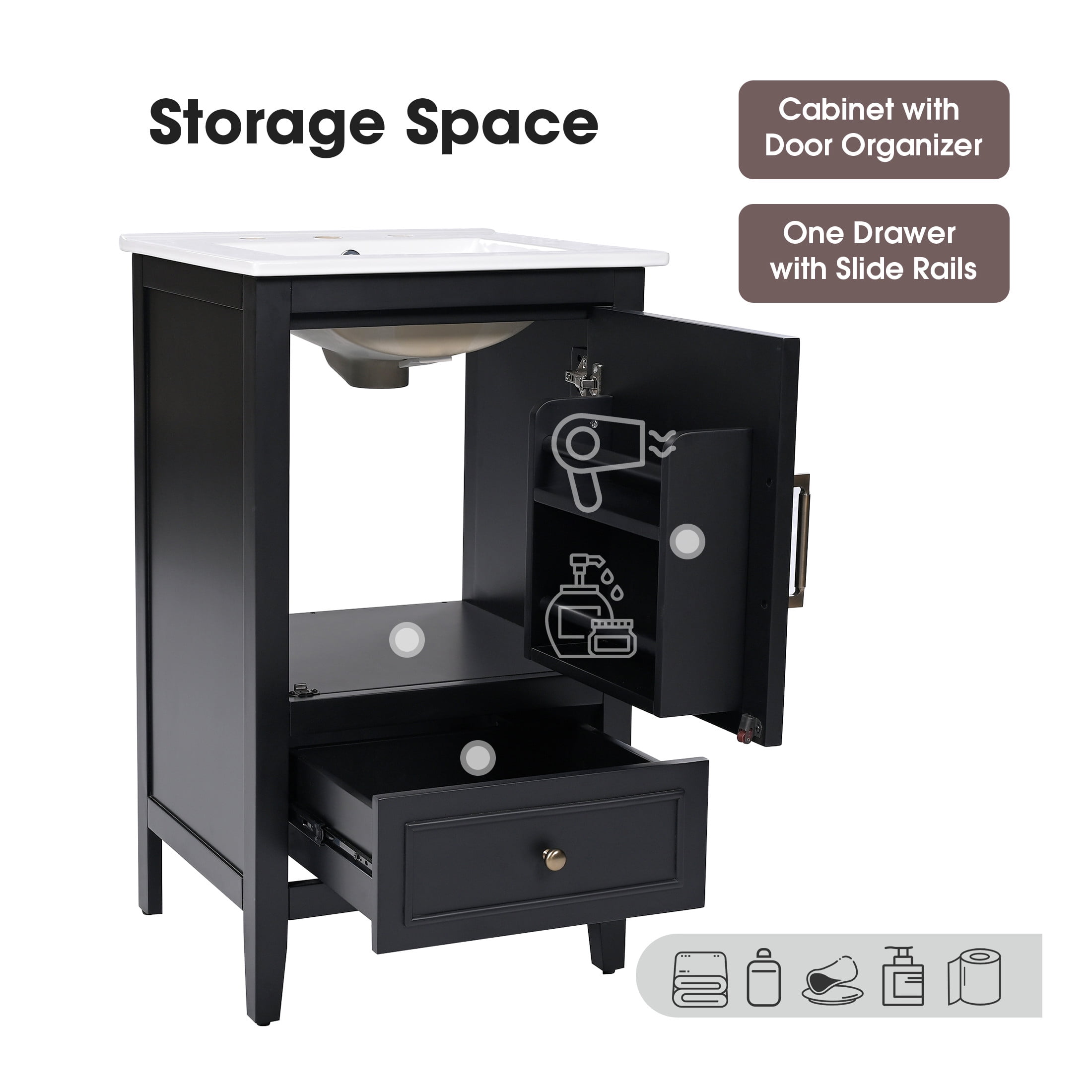 GDF Studio 20" Bathroom Vanity with Ceramic Sink, Freestanding Cabinet with Drawer and Door Shelf, Black