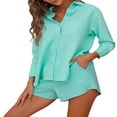 thumbnail image 2 of Femmes 2Piece Casual Outfit Set Coton Lin Bouton Chemise Taille Haute Mini Shorts Set Loungewear, 2 of 6