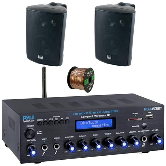 Pyle PDA63BT Wireless Bluetooth USB/SD/AUX FM Radio Home Audio Amplifier Receiver, 2x Dual Electronics LU47PB 4" 200W Max Power 3-Way Indoor/Outdoor Black Speakers, 50 Feet 16 Gauge Speaker Wire