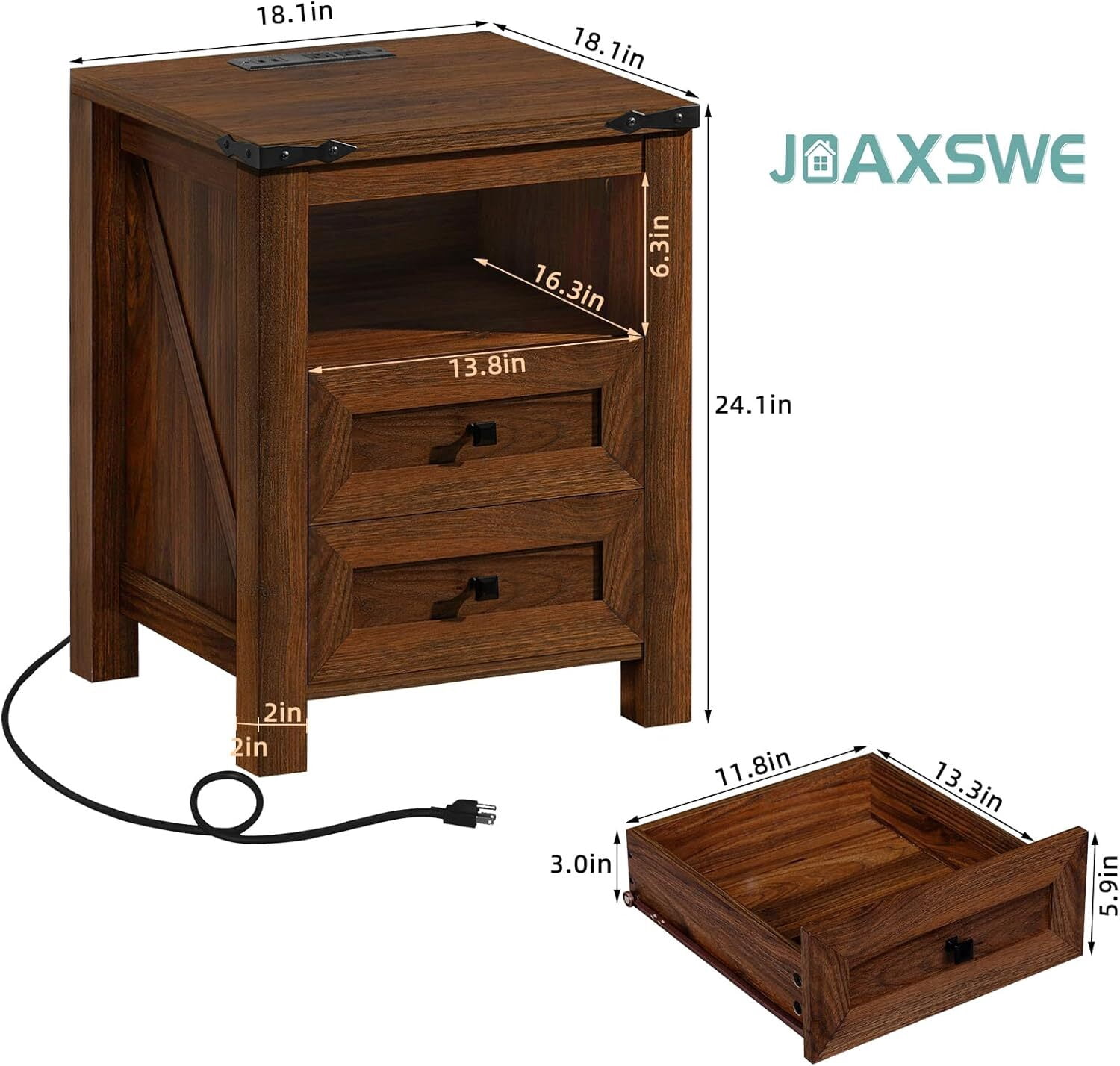 Joaxswe Nightstand Set of 2 with Charging Station, Bedside Table with 2 Drawers, Bed Side Tables for Bedroom, Modern Farmhouse Nightstands End Table for Living Room, Brown