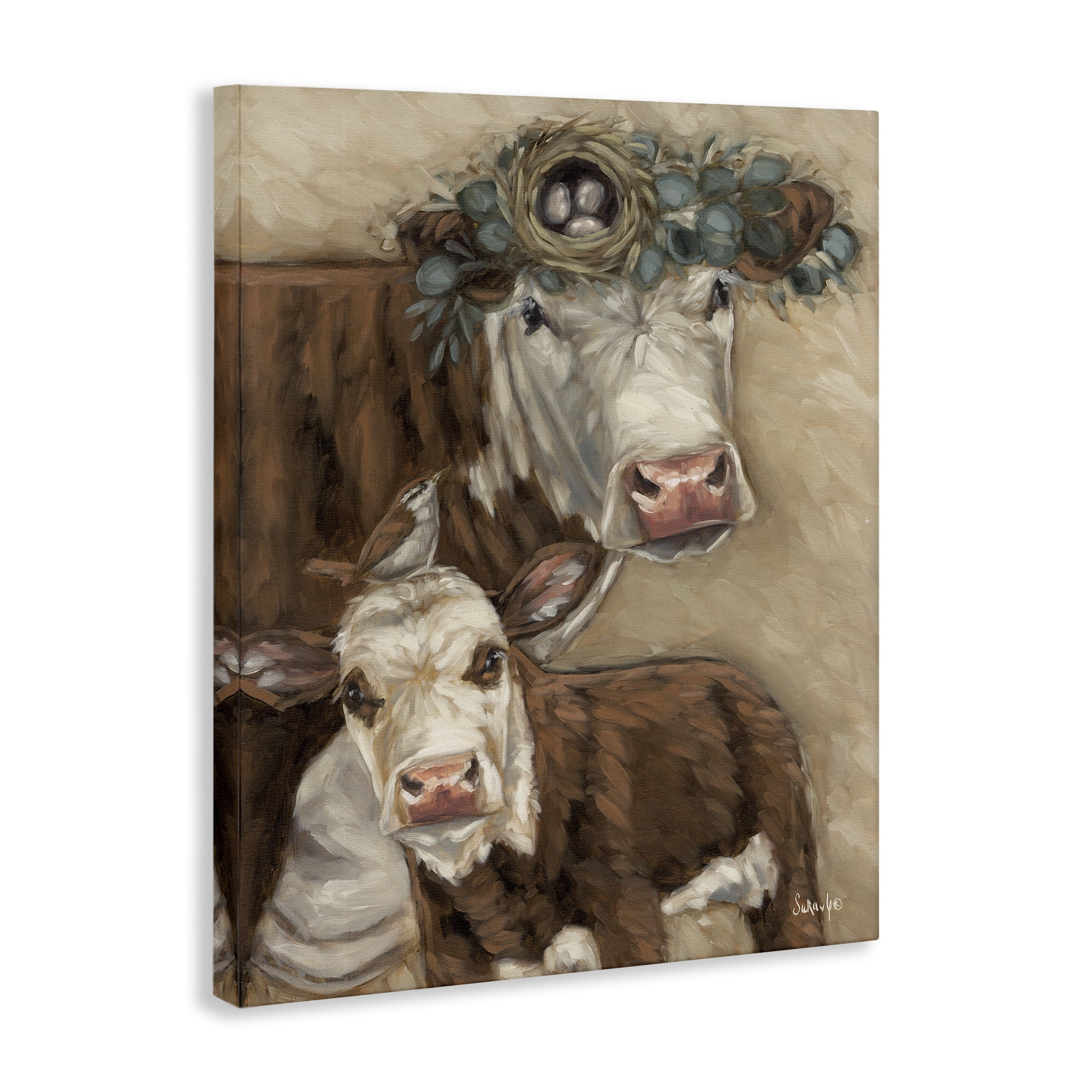 Stupell Industries Cow & Calf with Bird Nest Animals Painting Wrapped Canvas Art Print Wall Art, 36 x 48