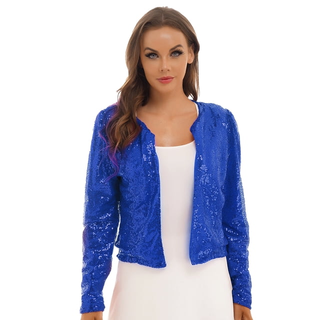 Sholeno Veste Décontractée à Paillettes Ouverte pour Femmes Manches Longues Raccourcies Bleu Royal S