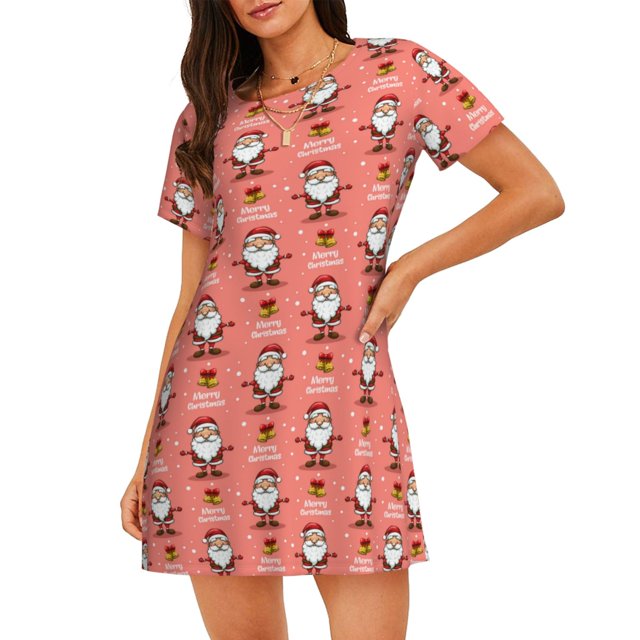 Balery Merry Christmas Santa Claus Camisón de manga corta con cuello redondo para mujer, cómodo y elegante.