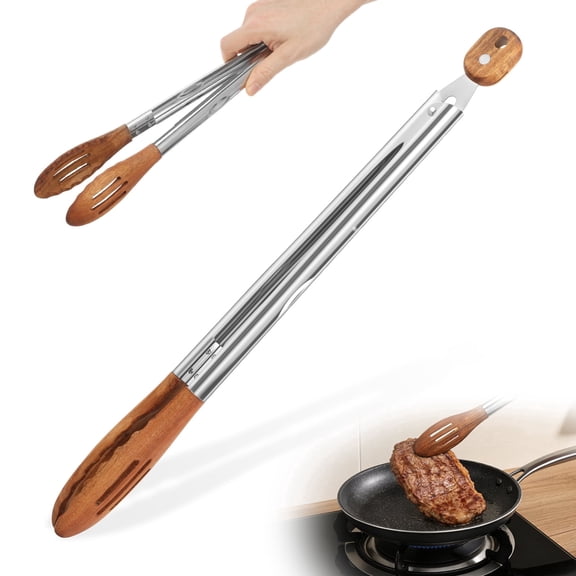 Jetcloudlive Wooden Tong for Cooking Stainless Steel Handle Non Slip and Heat Insulated Hollow Kitchen Tong for Salad Pasta Grilling