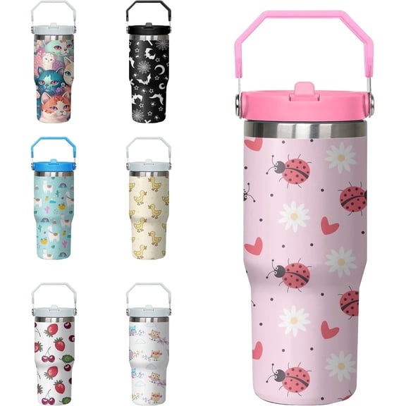 30oz Stainless Steel Tumbler with Handle & Flip Straw, Insulated Travel Cup for Coffee & Water, Cute Ladybug Design, Gift for Animal Lovers