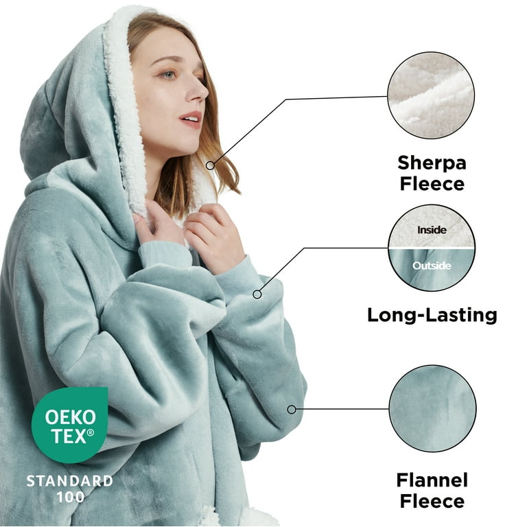 Bedsure Warm & Fashionable Wearable Blanket Hoodie, Giant Pocket Sherpa  Fleece Hooded Blanket for Women, Small, Light Green