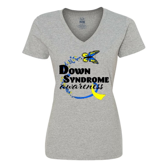 Inktastic Down Syndrome Awareness with Butterfly and Ribbon Women's V-Neck T-Shirt