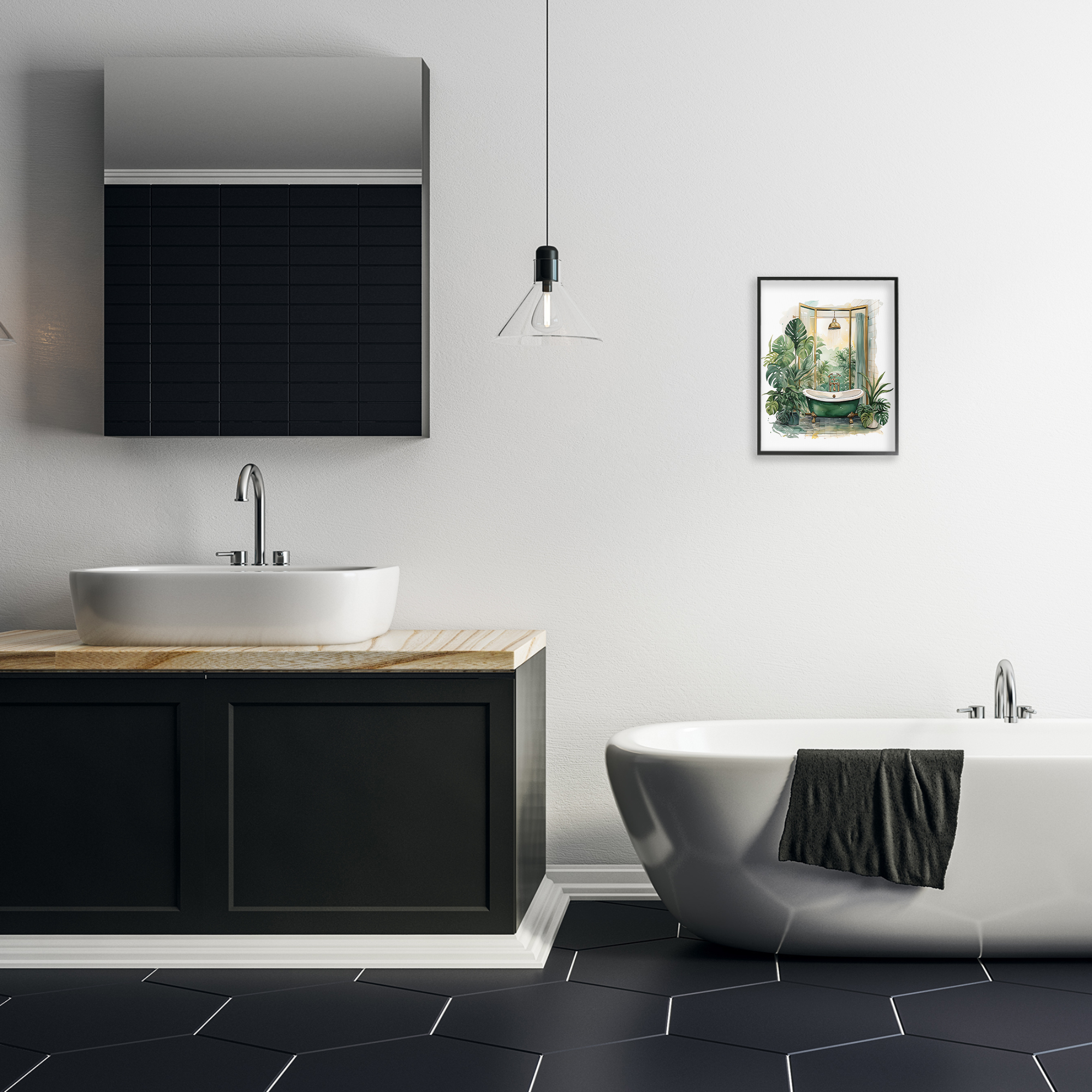 Bathtub in Tropical Oasis Black Framed Giclee Art, design by Lettered and Lined