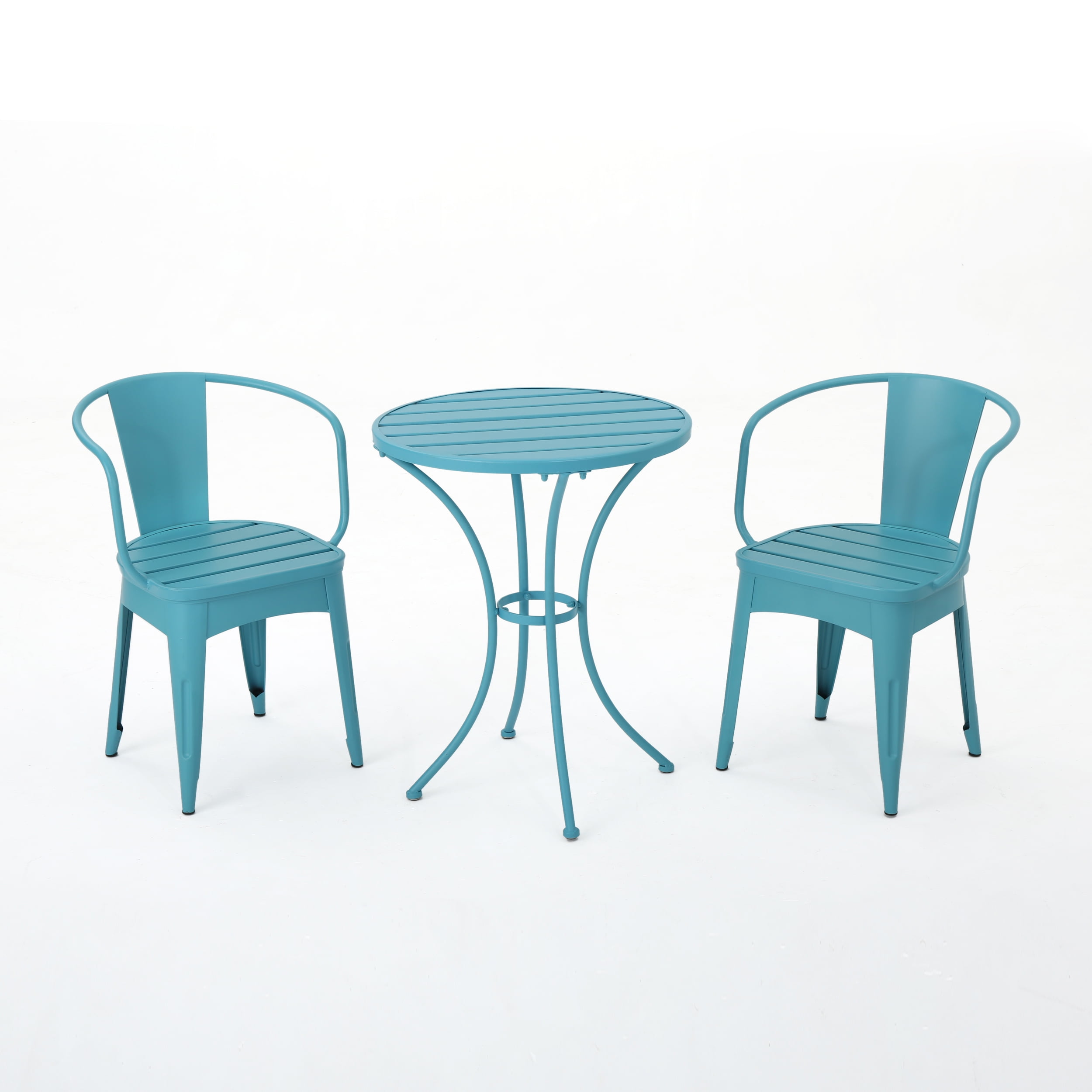 Outdoor 3 Piece Metal Frame Leisure Bistro Set, Combined Table and Chairs for Patio Garden, Mint Blue