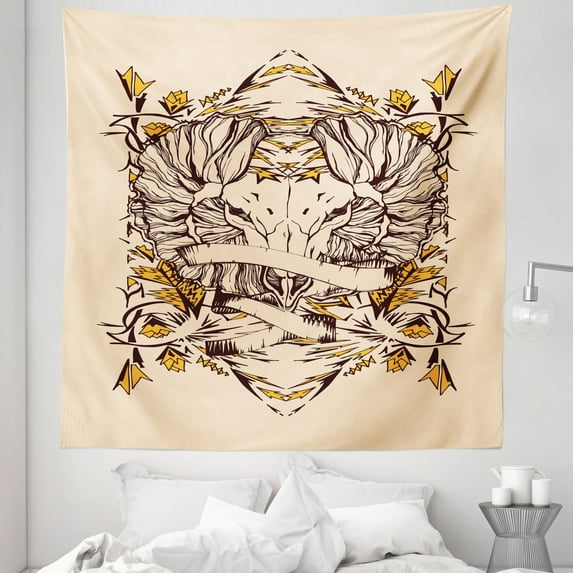 Zodiac Aries Tapestry, Abstract Astrological Wild Animal in Hand Drawn Style, Fabric Wall Hanging Decor for Bedroom Living Room Dorm, 5 Sizes, Brown Earth Yellow, by Ambesonne