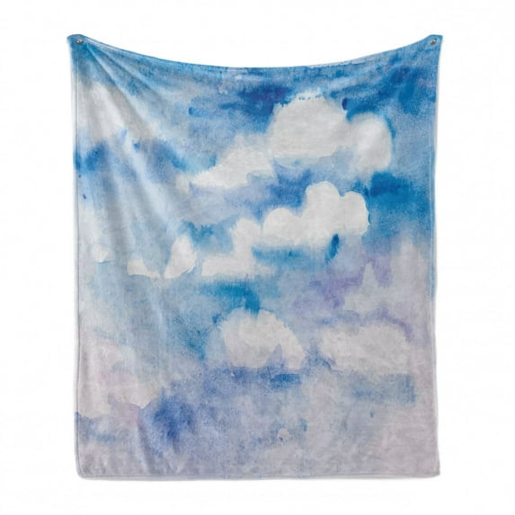 Fantasy Soft Flannel Fleece Throw Blanket, Cloudy Sky View in Soft Pastel Tones Watercolor Blurry Hazy Serene Picture, Cozy Plush for Indoor and Outdoor Use, 50" x 60", Sky Blue White, by Ambesonne