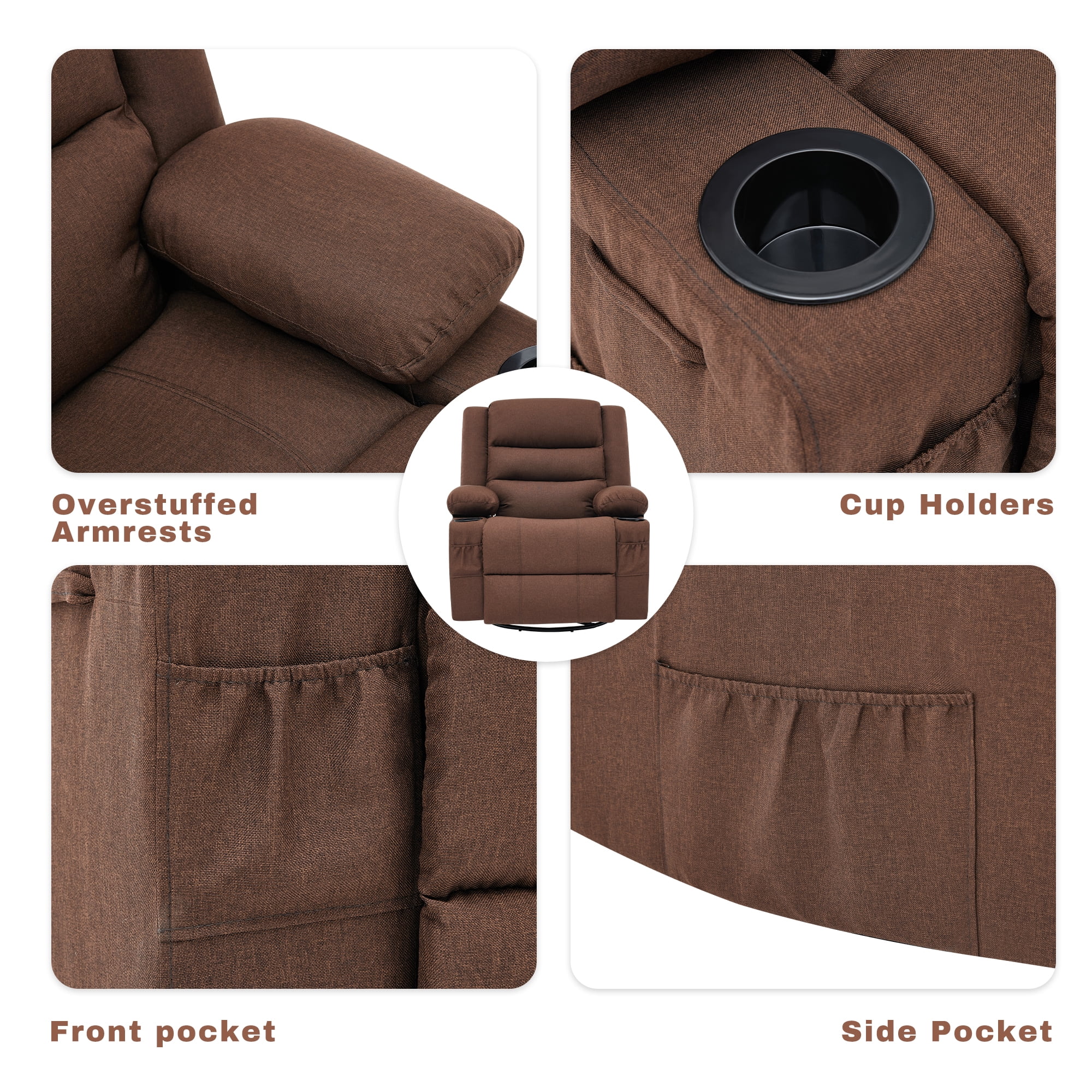 GAOHAPY Rocker Recliner Chair,360° Swivel Recliner Chair for Adults,Oversized Single Sofa Seat with Cup Holders,Recliner Single Sofa with Side Pocket(Brown)