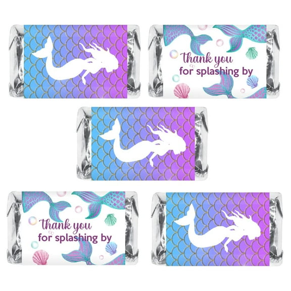 60 Mermaid Theme Mini Candy Bar Wrapper, Thank You Themed Miniatures Candy Bar Stickers, Birthday Decorations, Wedding, Baby Shower, Candy Not Included, Made in USA,