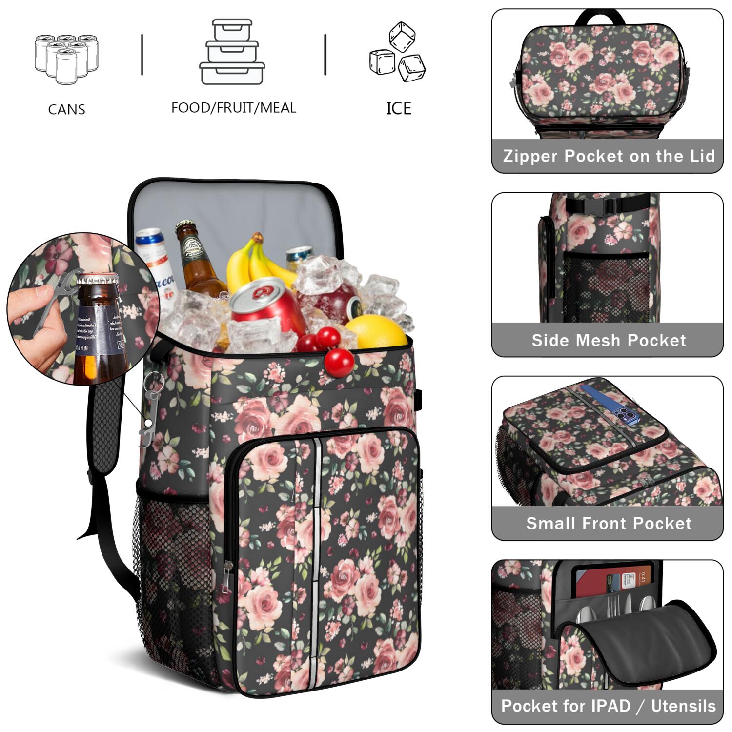 Travel Cooler Bag - Pioneer Flower Floral Print Pattern Camping Beer Cooler Backpack with Bottle Opener- Waterproof Insulated Picnic Backpacks - Cooler Bag for Beach