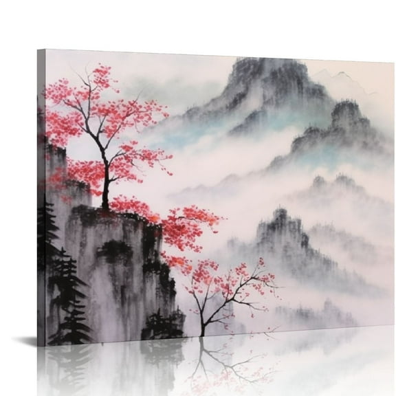 JEUXUS Wall Art for Living Room/Bedroom, Canvas Bathroom Decor Wall Art Kitchen Office Framed Wood Oil Painting Picture, Traditional Chinese Landscape Painting, 20x16in