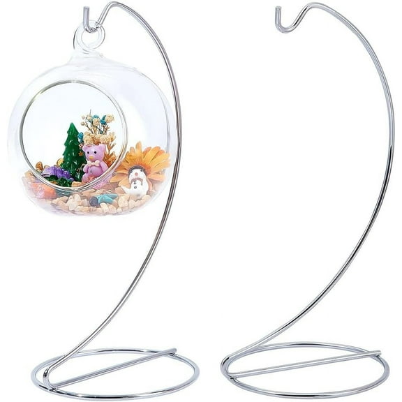 2pcs Ornament Display Stand Holder Glass Globe Silver Metal Iron Wire Stand Hanging Hook Holder Rack for Hanging Air Plant Terrarium DIY