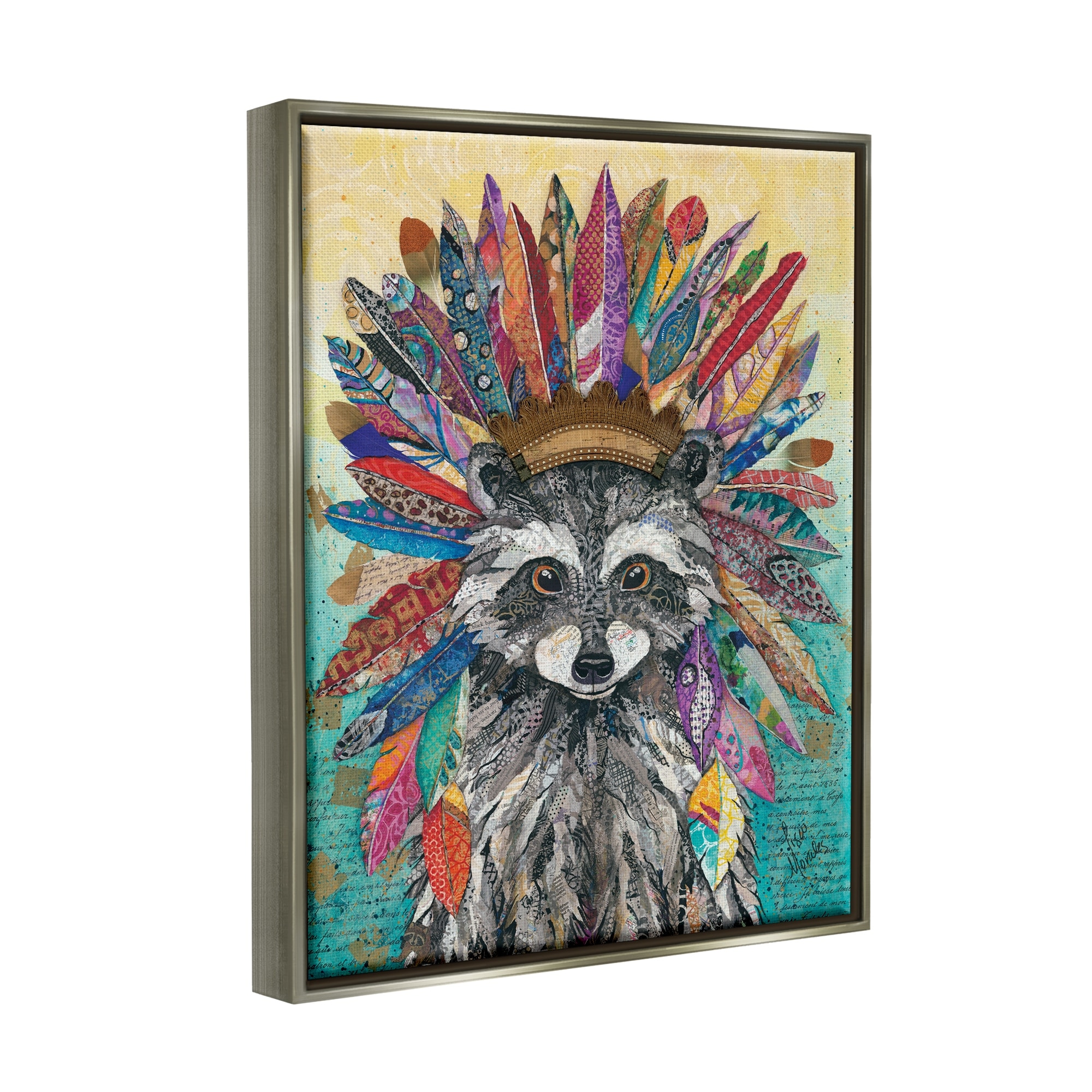 Stupell Industries Bold Tribal Raccoon Mixed Ephemera Collage Painting Painting Luster Gray Floating Framed Canvas Print Wall Art, Design by Lisa Morales