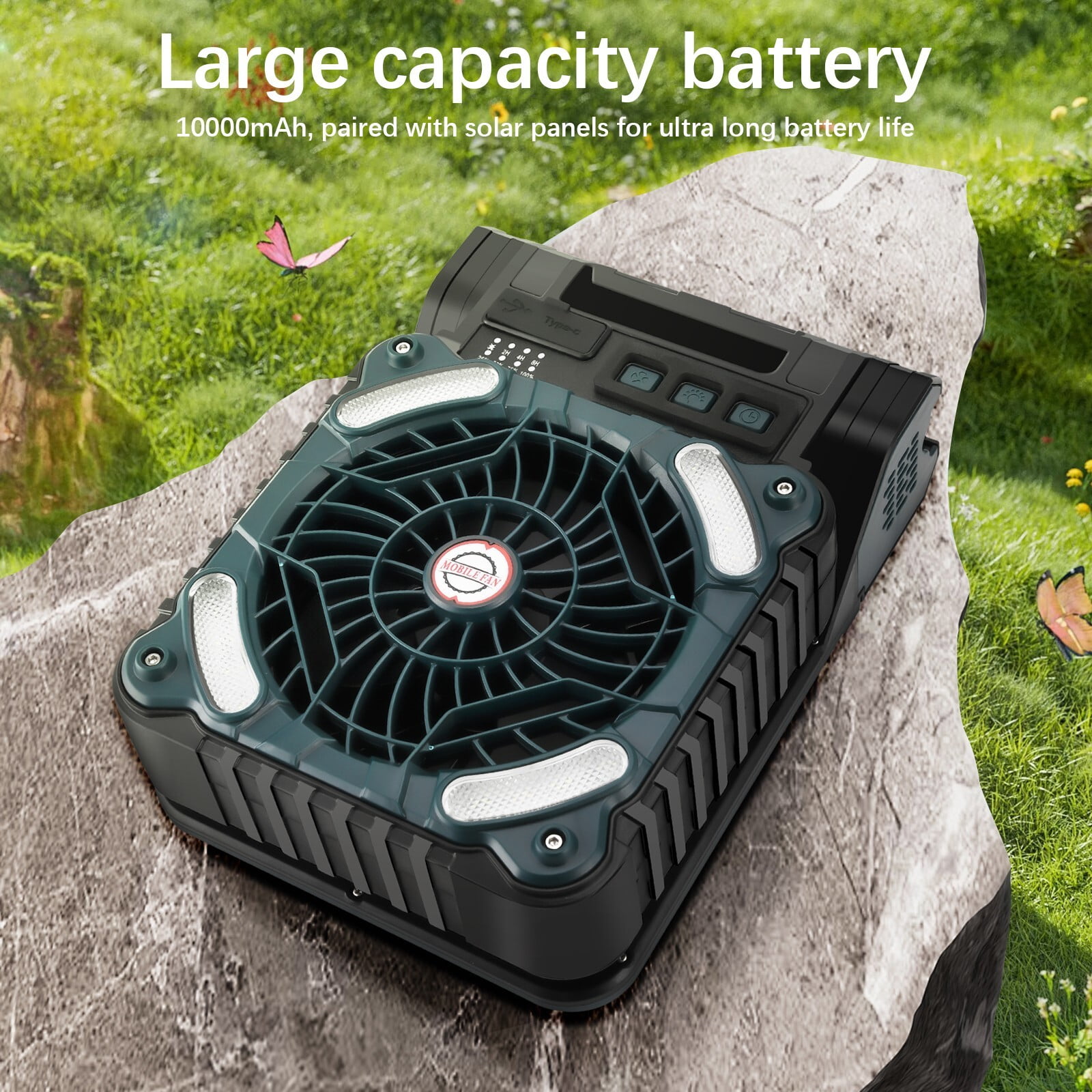 Solar Camping fan, Camping Fan with Solar Panel, LED Ligh, 4 Speeds USB Rechargeable Solar Powered Fan for Camping Fishing Travel