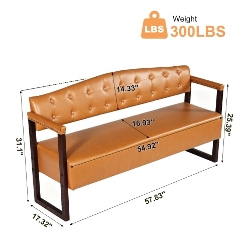 57.83" Waiting Room Bench, Mid-Century Modern Reception Sofa with Tufted Backrest and Nailhead Trim, Black PU Leather Commercial Waiting Bench for Beauty Salon, Spa, Office, Barber Shop, Dark Brown