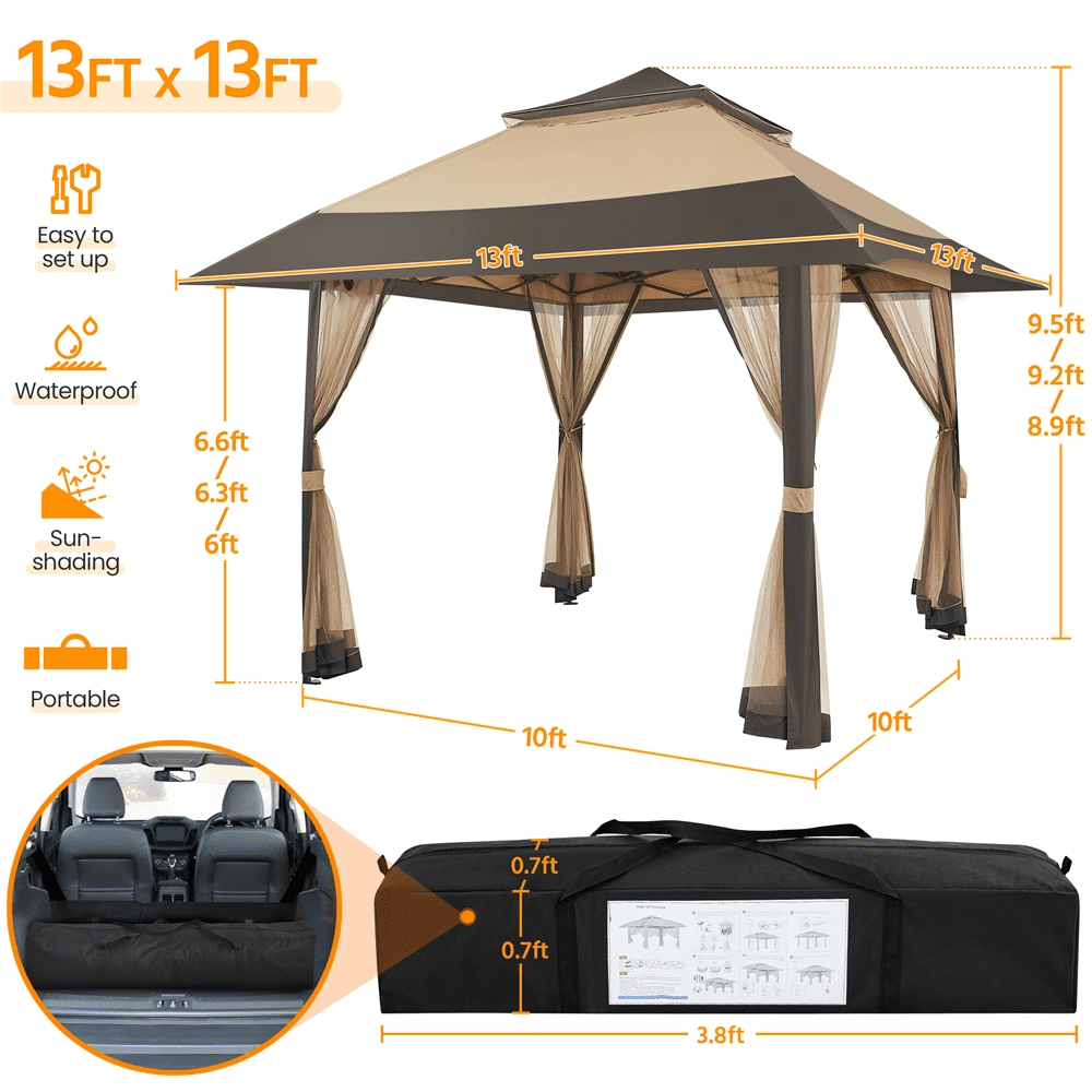 Renwick 13×13 Ft Pop Up Gazebo Tent with Four Mesh Sidewalls, Khaki/Brown