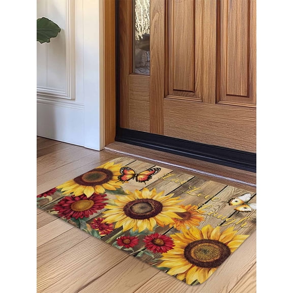 Sunflower Brown Wooden Door Mat Indoor Outdoor Entrance, Non Slip Rug for Kitchen Bathroom Entryway Rug, Vintage Flowers Butterfly Washable Doormat Floor Mat for Office Home Decor 20x31.5 Inch