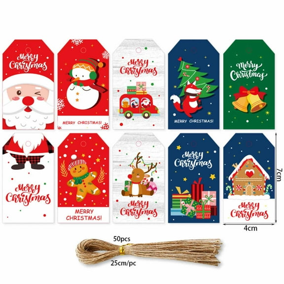 50 Pcs Christmas Gift Tags, Christmas Hanging Tag Label for Christmas DIY Decorations Present Wrapping with Christmas Ribbons, Gift decoration 10 Styles